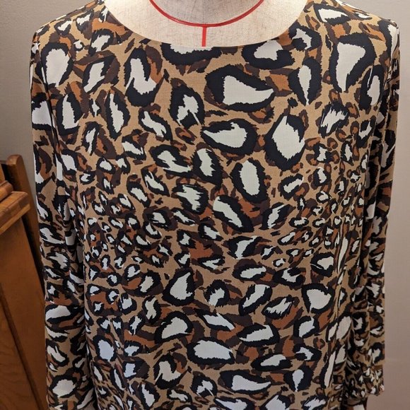 Jade by Melody Tam Leopard Shift Dress Size Small 3/4 Flaired Ruffle Sleeves - Picture 3 of 6